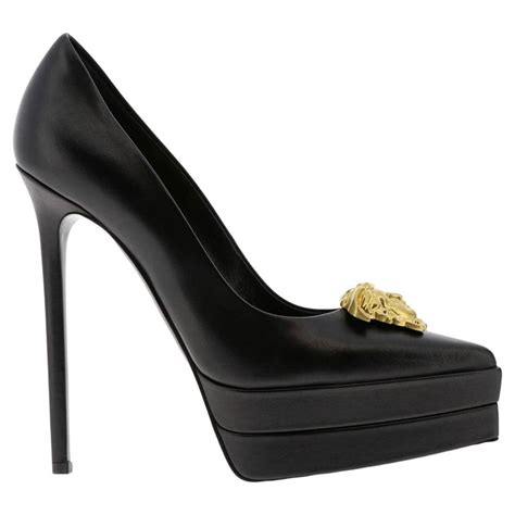 versace collection leather & goldtone chain handbag|Versace leather platform strappy pumps.